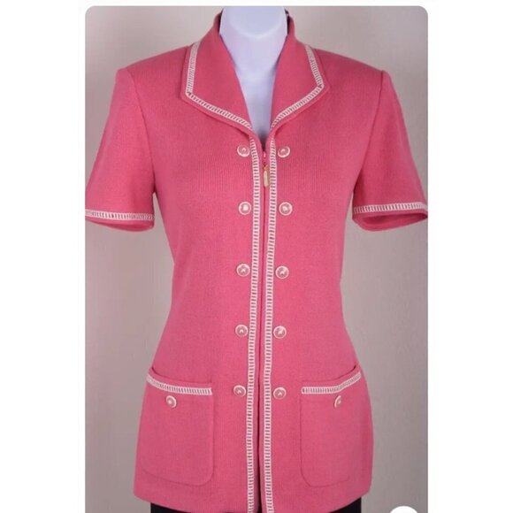St John By Marie Gray Jackets & Blazers - Vintage St John Women's Pink Knit White Trim Zip Jacket - 10